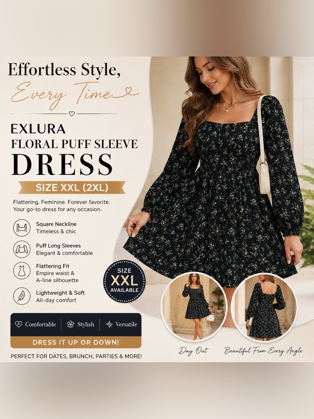 Exlura Black Floral Puff Sleeve Dress
